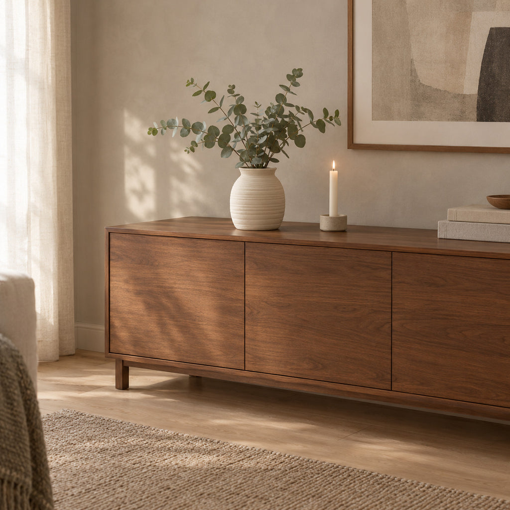 Off-white ceramic vase on a walnut sideboard with eucalyptus stems in the vase.