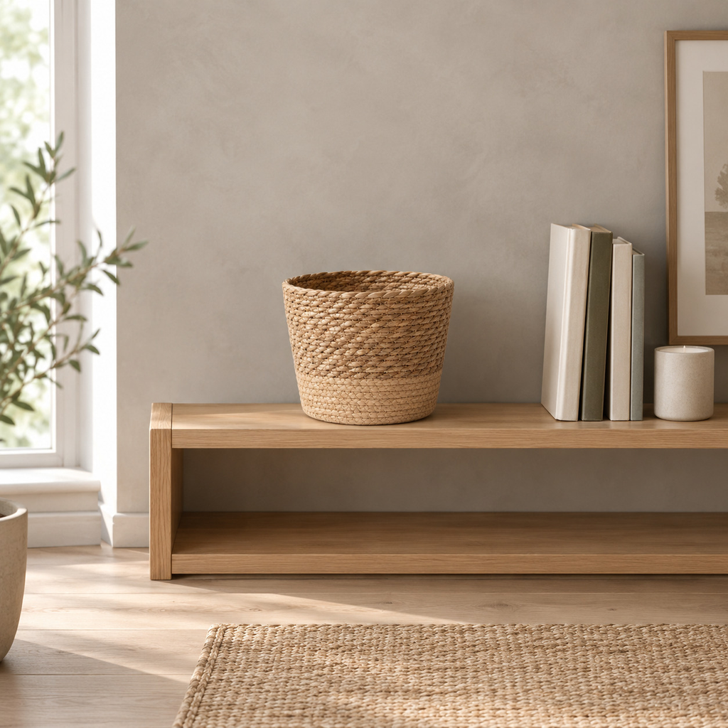 Natural Seagrass woven seagrass planter basket on an open oak shelf beside a few books in a calm room.