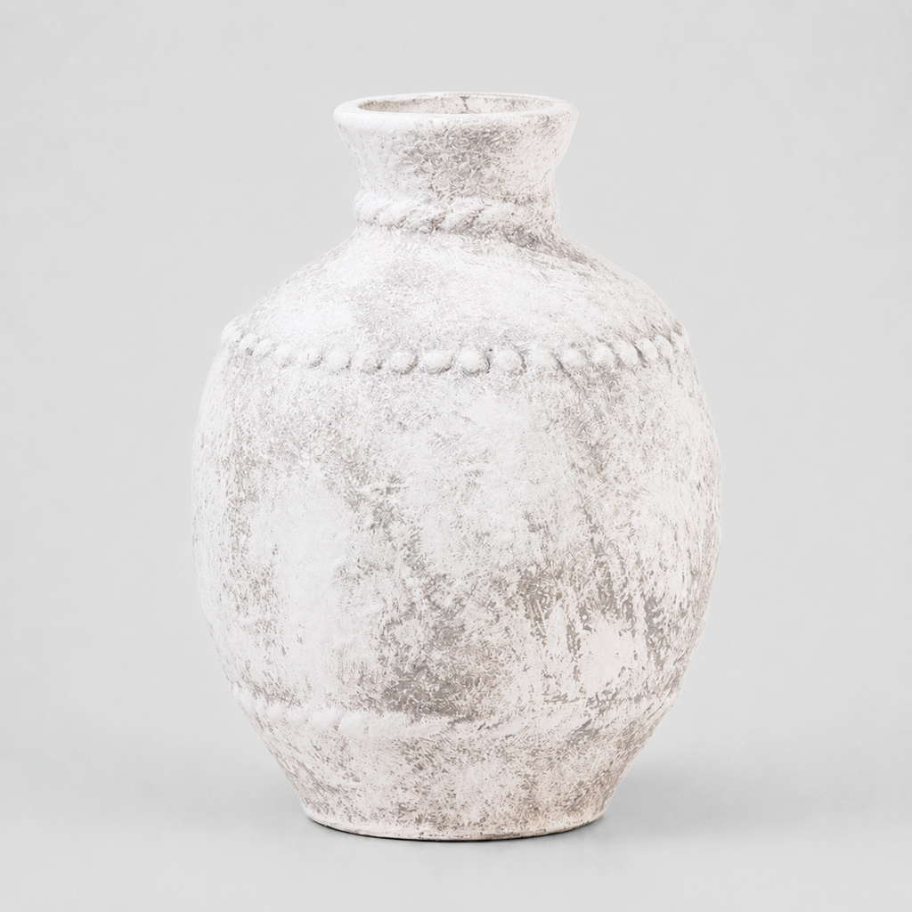 Rustic textured ceramic urn vase in Vintage Gray on a light gray studio background
