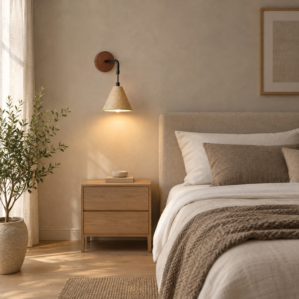 Conical travertine wall sconce in Travertine lit beside a double bed against a plaster wall