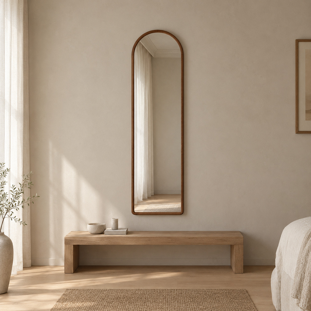 Arched solid wood full-length mirror in Walnut finish mounted on a greige plaster wall above a 120 cm wide low bench in a calm room.