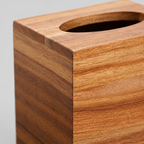 Close up of the corner joint of the square wooden tissue box cover in Acacia Wood