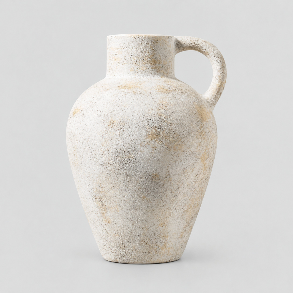 Ceramic pitcher vase in Vintage Beige on a light gray studio background