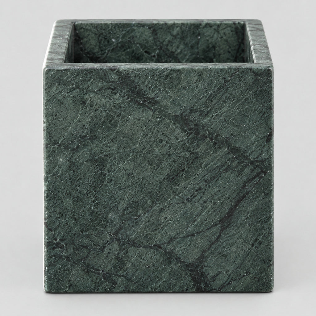 Forest Green square marble candle holder on a light gray studio background.