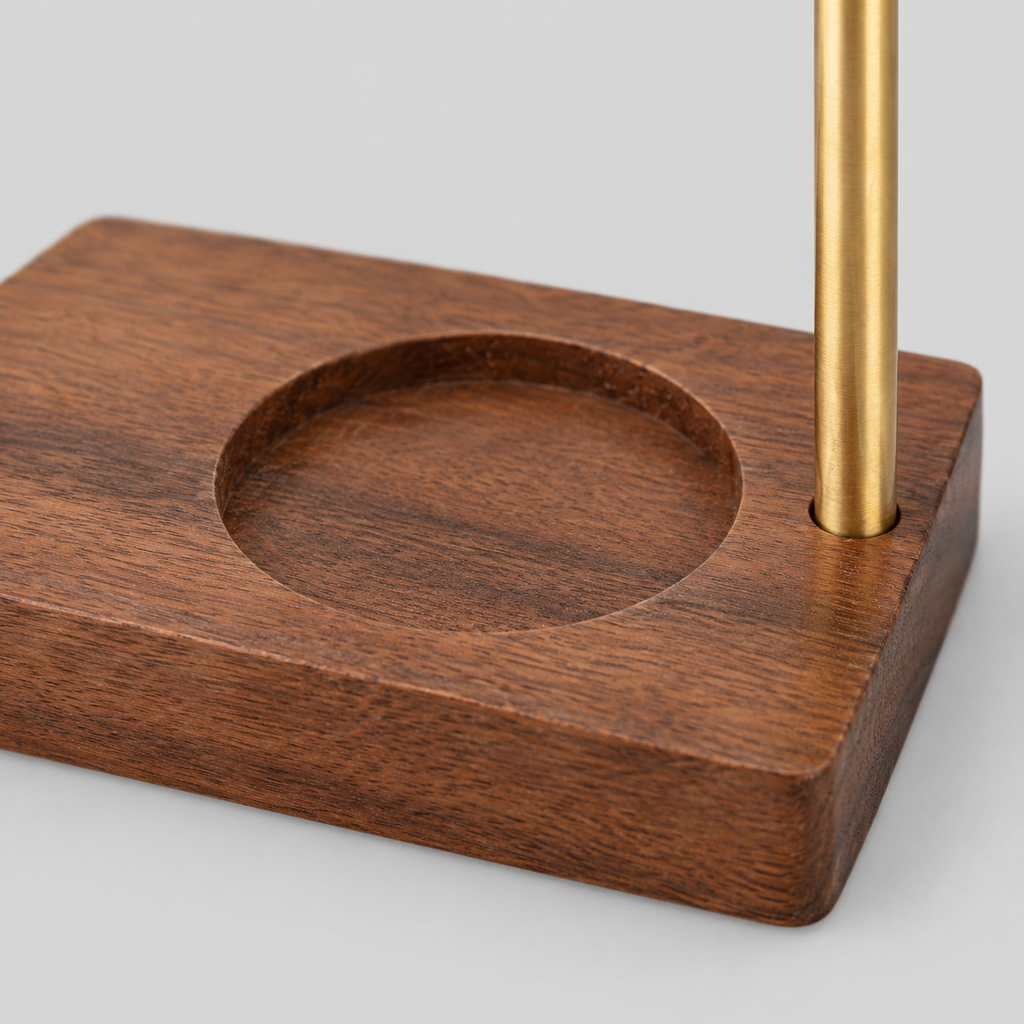 Close up of the carved tealight recess in the solid walnut base of the adjustable incense burner