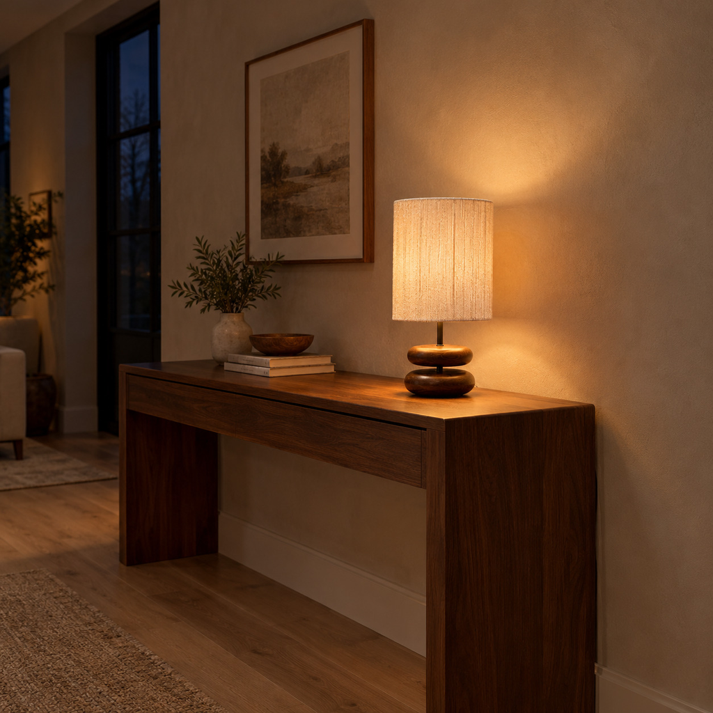 Walnut stacked wood table lamp lit in the evening standing on a 120 cm wide walnut console table in a hallway, the only light in the room