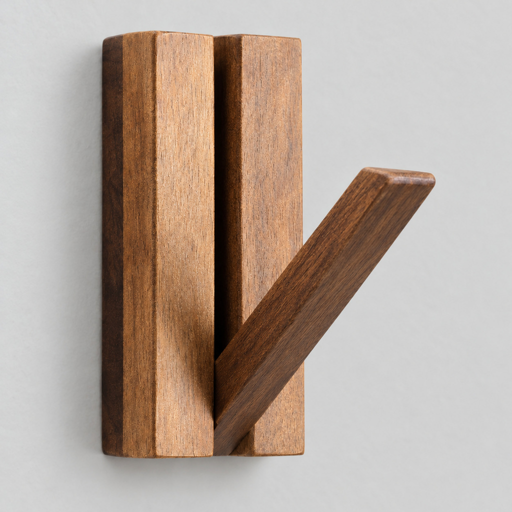 Close up of the pivoting fold-down hook of the Natural Acacia coat hook