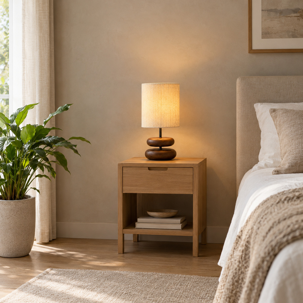 Walnut stacked wood table lamp lit standing on a 48 cm wide oak bedside table against a plain wall