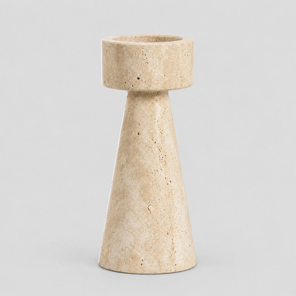 Travertine stone candle holder in Beige Travertine on a light gray studio background