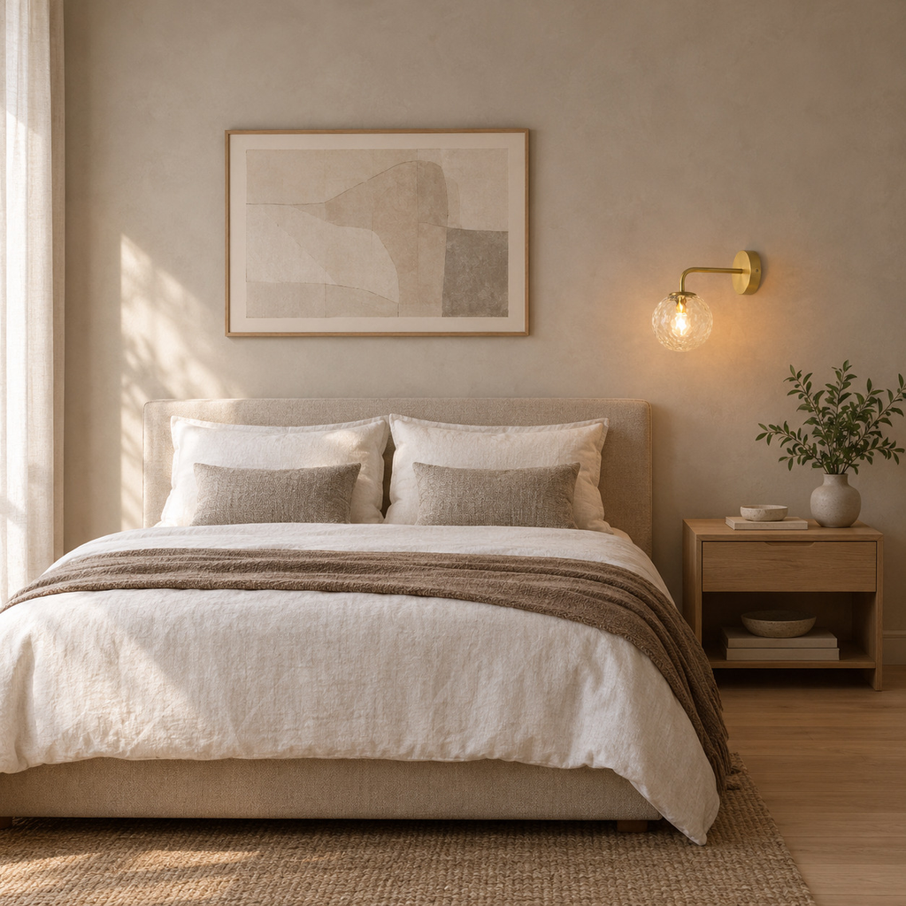 Brass wall sconce lit beside a 150 cm wide double bed at headboard height against a plain wall.