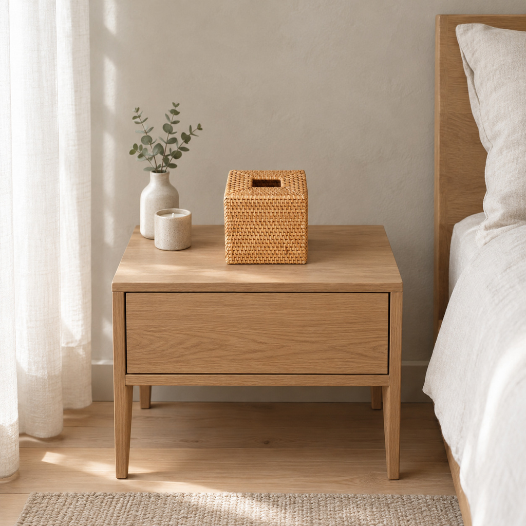 Woven rattan tissue box cover on a 48 cm wide oak bedside table in a calm room