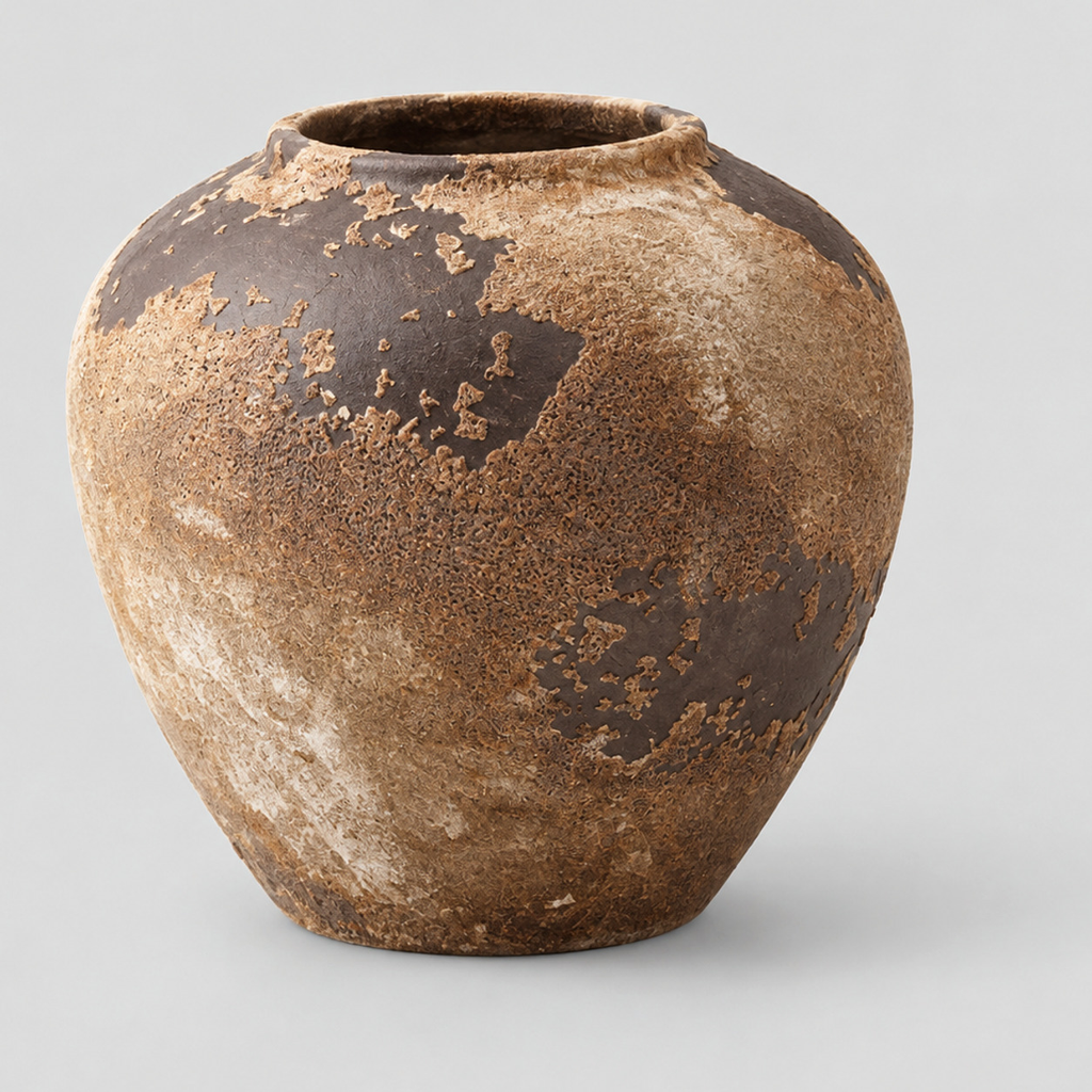 Weathered brown textured ceramic vase on a light gray studio background.
