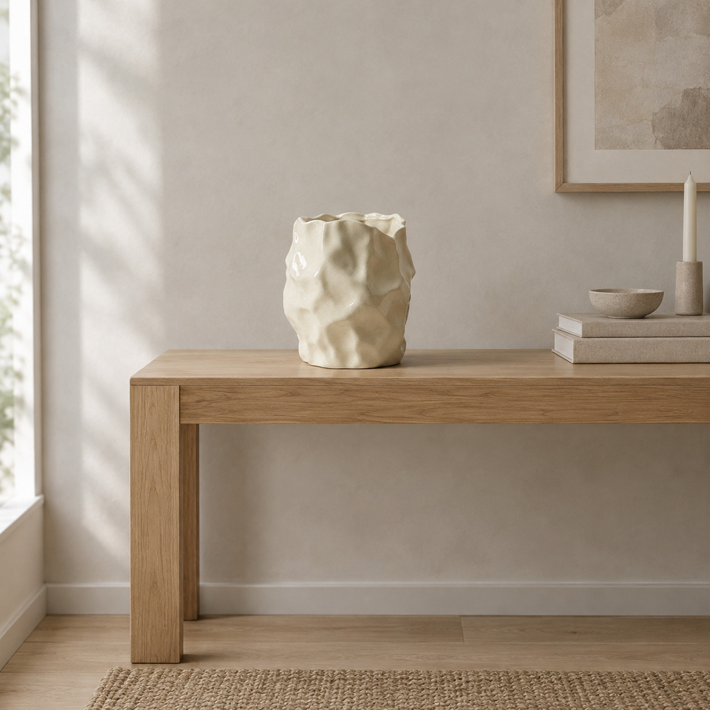 Cream crinkled ceramic vase on a 120 cm wide oak console table in a calm room.
