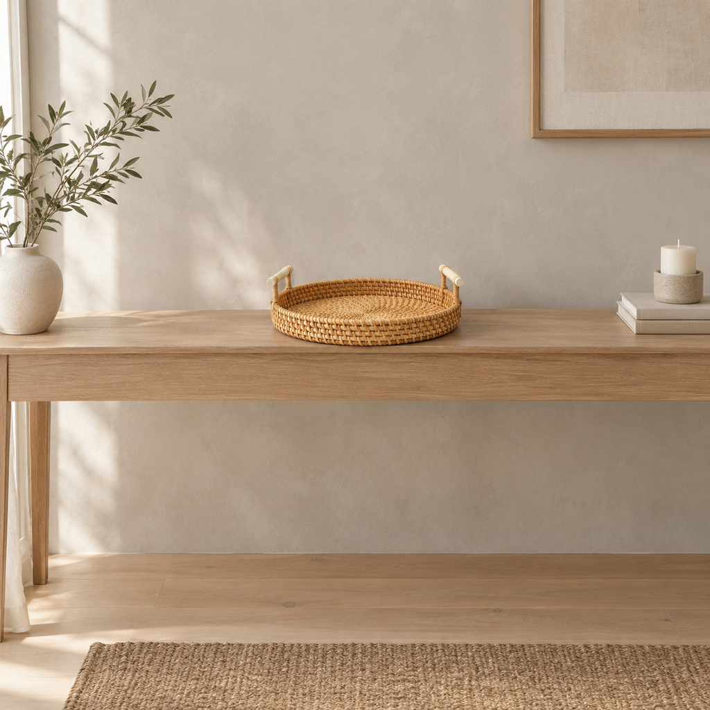Round woven rattan serving tray on a 120 cm wide oak console table in a calm room.