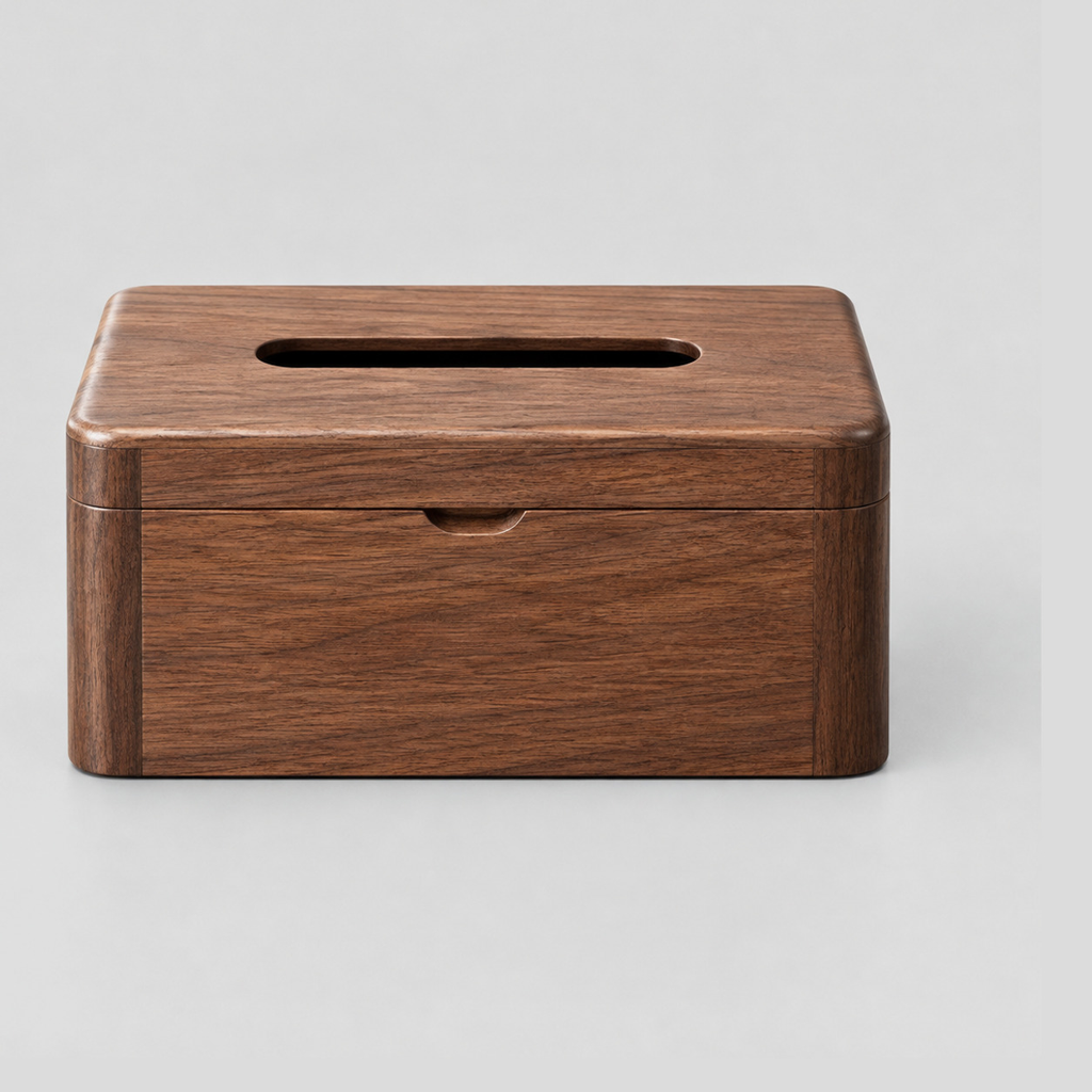 Solid walnut hinged tissue box in Black Walnut on a light gray studio background.