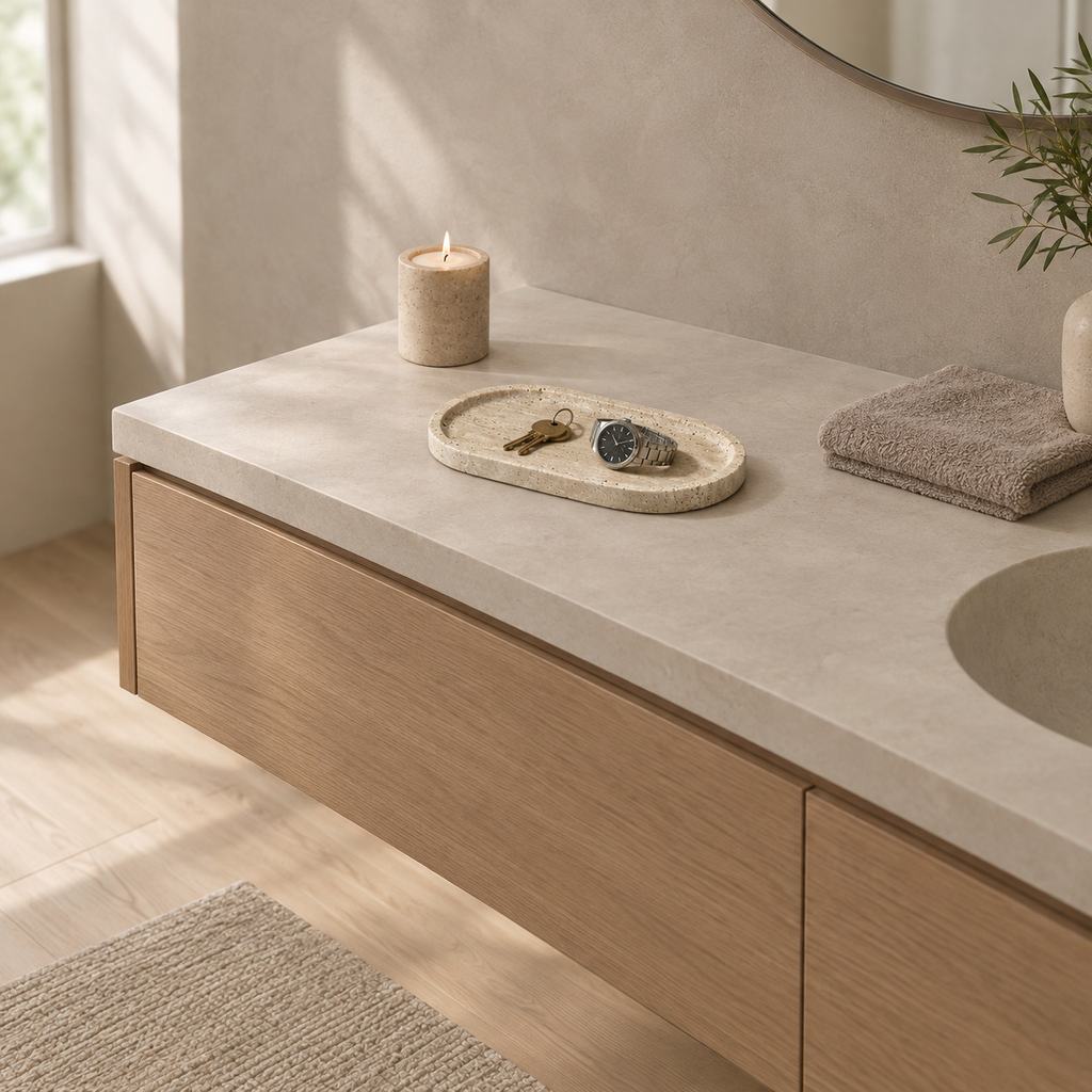 Oval stone vanity tray in Beige Travertine on a bathroom vanity with a set of keys and a watch on the tray