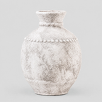 Rustic textured ceramic urn vase in Vintage Gray on a light gray studio background, in its Round Vase shape