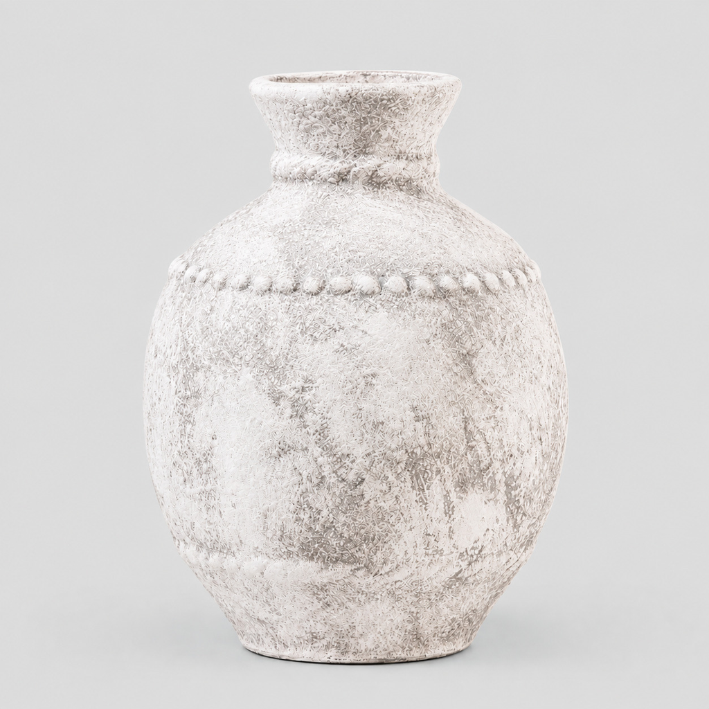 Rustic textured ceramic urn vase in Vintage Gray on a light gray studio background, in its Round Vase shape