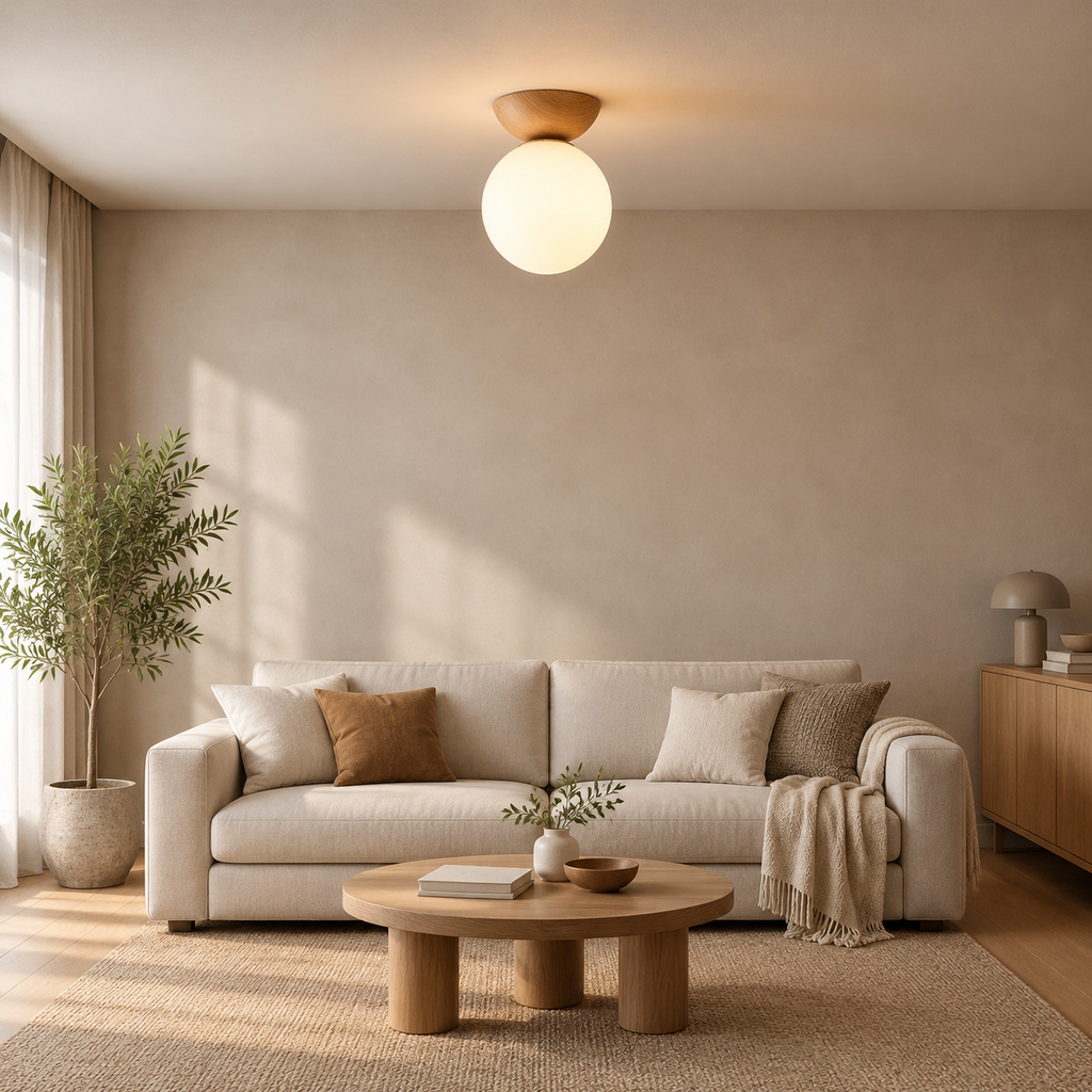 Natural wood flush mount globe light lit on the ceiling above a 200 cm wide sofa.