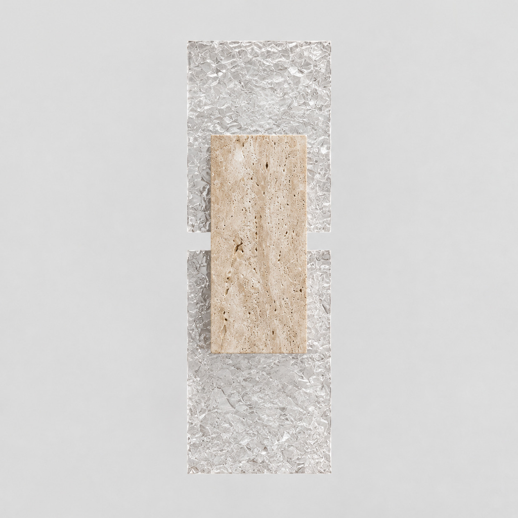 Yellow travertine block wall sconce in Yellow Travertine on a light gray studio background.