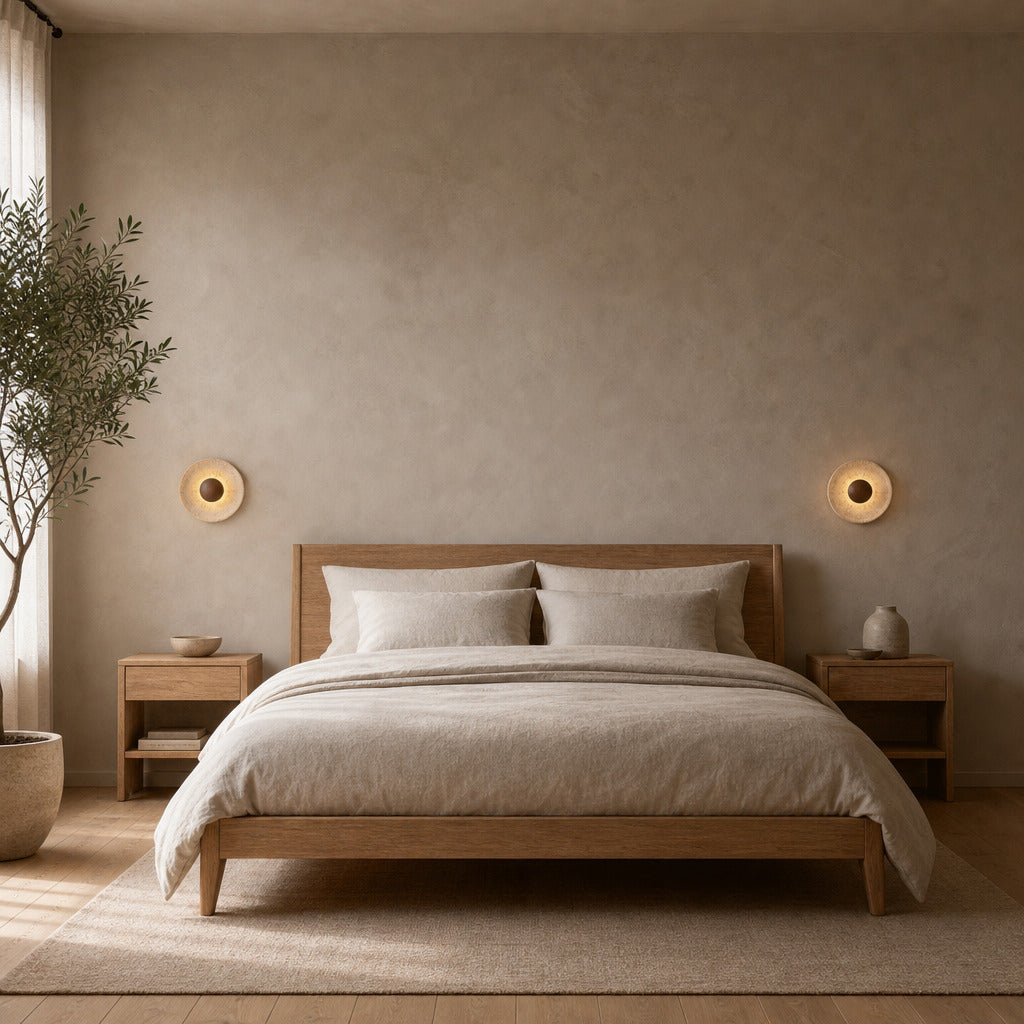 Round travertine disc wall sconce lit mounted on the plaster wall beside a 150 cm wide double bed, at headboard height