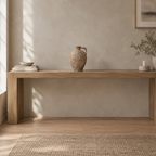 Rustic weathered ceramic vase on a 120 cm wide oak console table in a calm room.