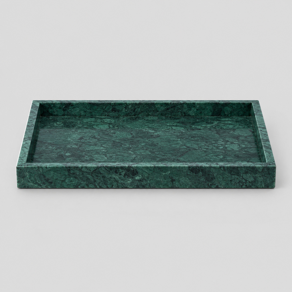 Emerald Green rectangular marble vanity tray on a light gray studio background.