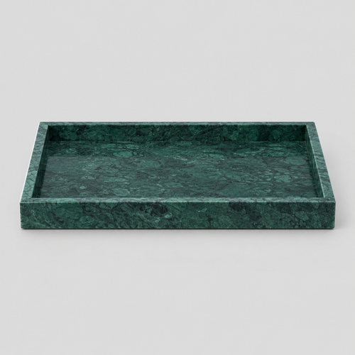 Emerald Green rectangular marble vanity tray on a light gray studio background.