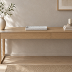 Speckled ceramic catchall tray in Speckled White on a 120 cm wide oak console table in a calm room.