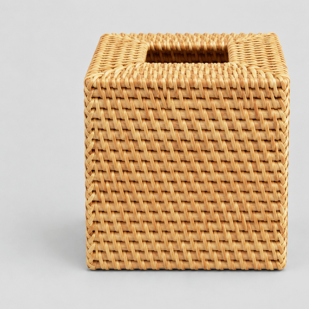 Square woven rattan tissue box cover in Natural Rattan on a light gray studio background