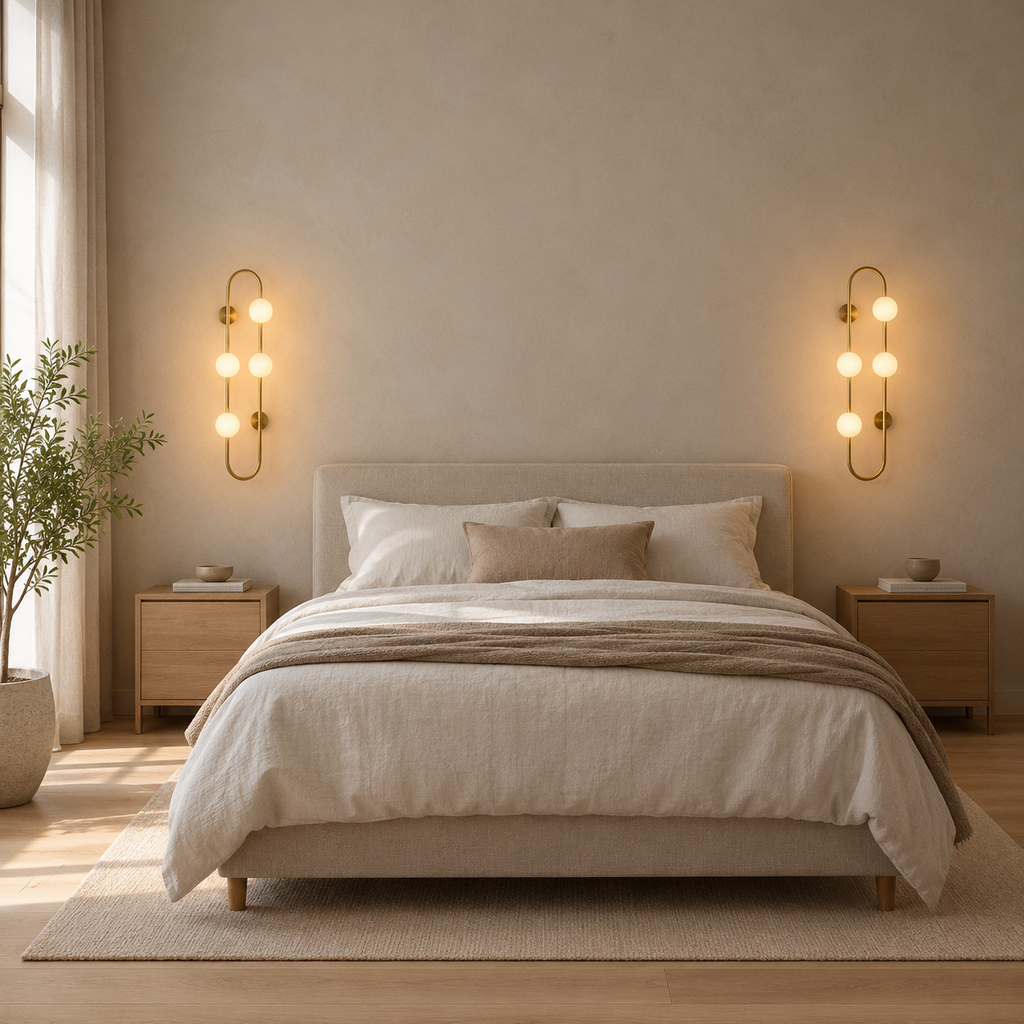 Brass pill-frame frosted globe wall sconce lit beside a double bed against a plaster wall.