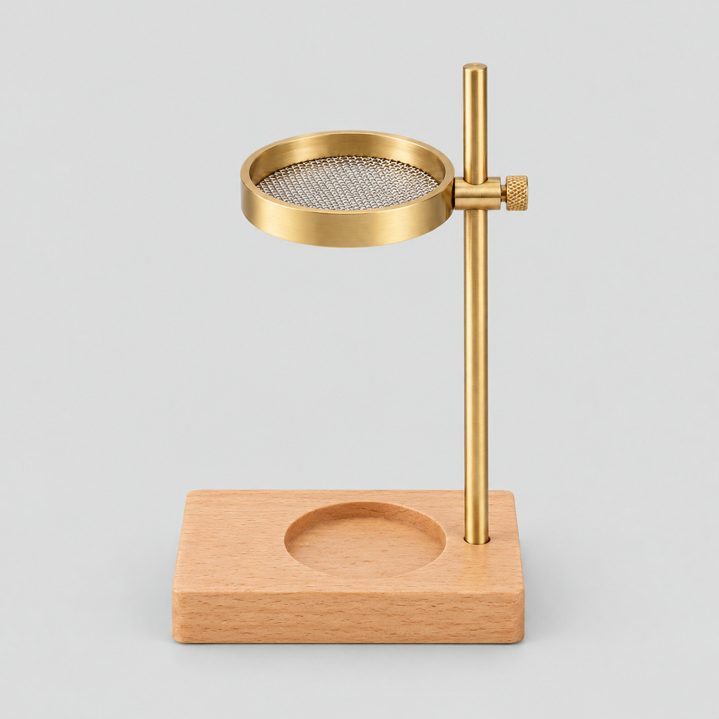 Adjustable incense burner in Beech & Brass on a light gray studio background