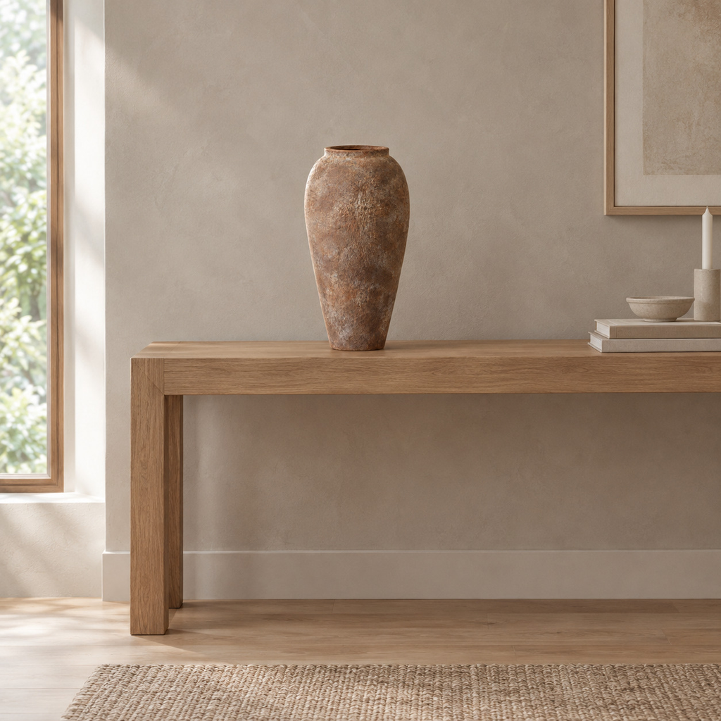 Weathered ceramic vase in Dark Brown on an oak console table in a calm room.