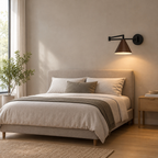 Walnut swing-arm wall sconce lit mounted on the plaster wall beside a 150 cm wide double bed, at headboard height.