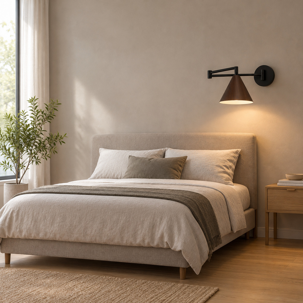 Walnut swing-arm wall sconce lit mounted on the plaster wall beside a 150 cm wide double bed, at headboard height.