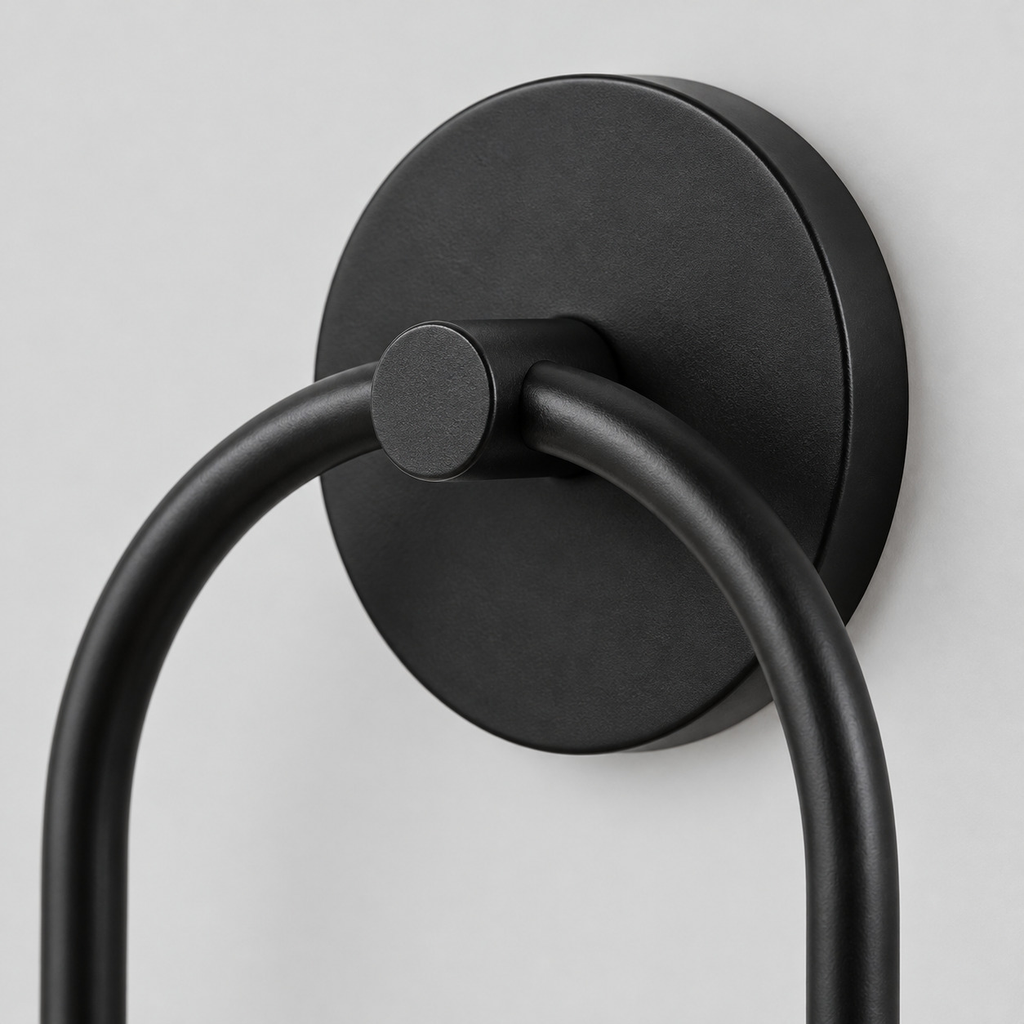 Close up of the round canopy against the wall of the Matte Black asymmetric double-globe arch wall sconce.