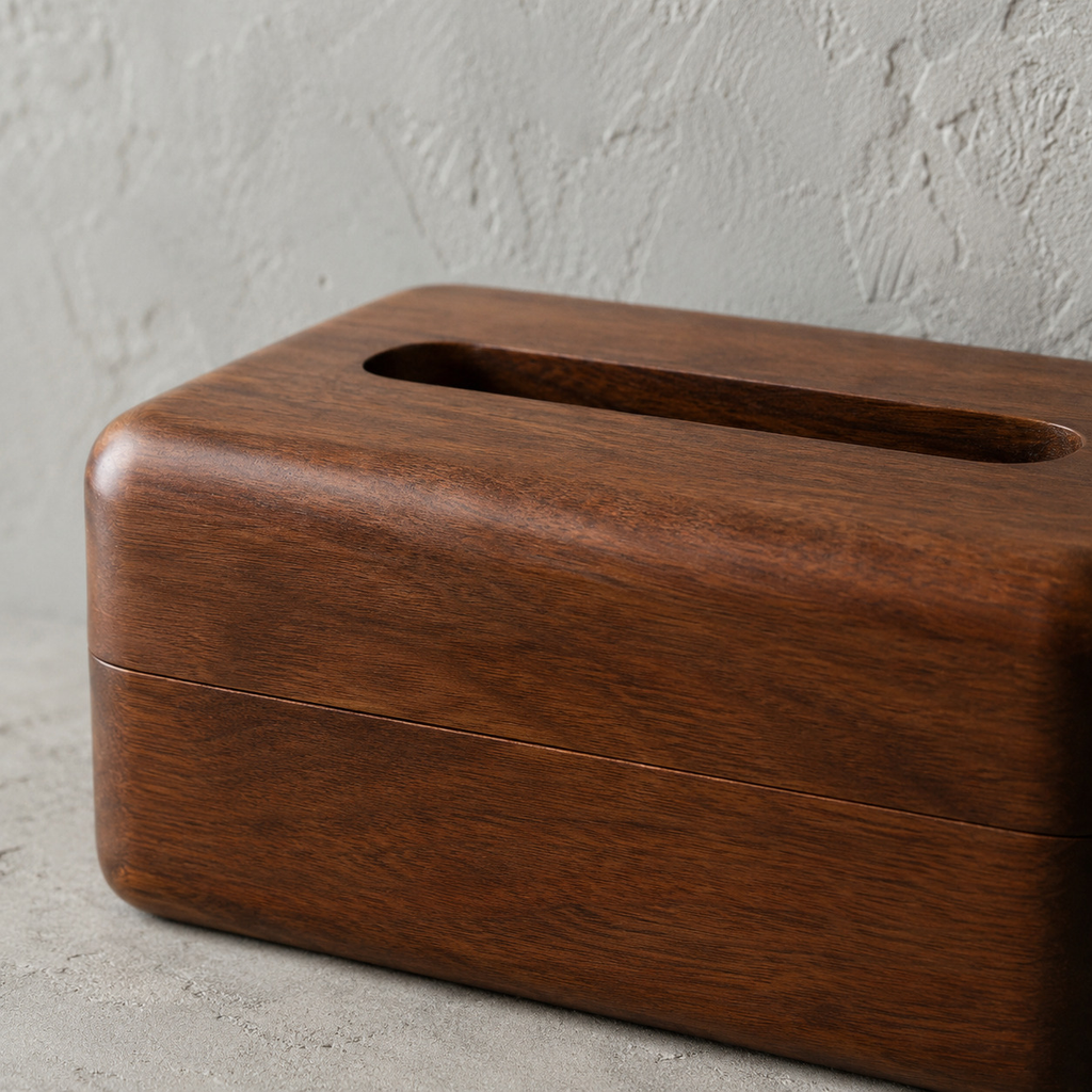 Close up of the smooth walnut wood grain surface texture of the wooden tissue box cover