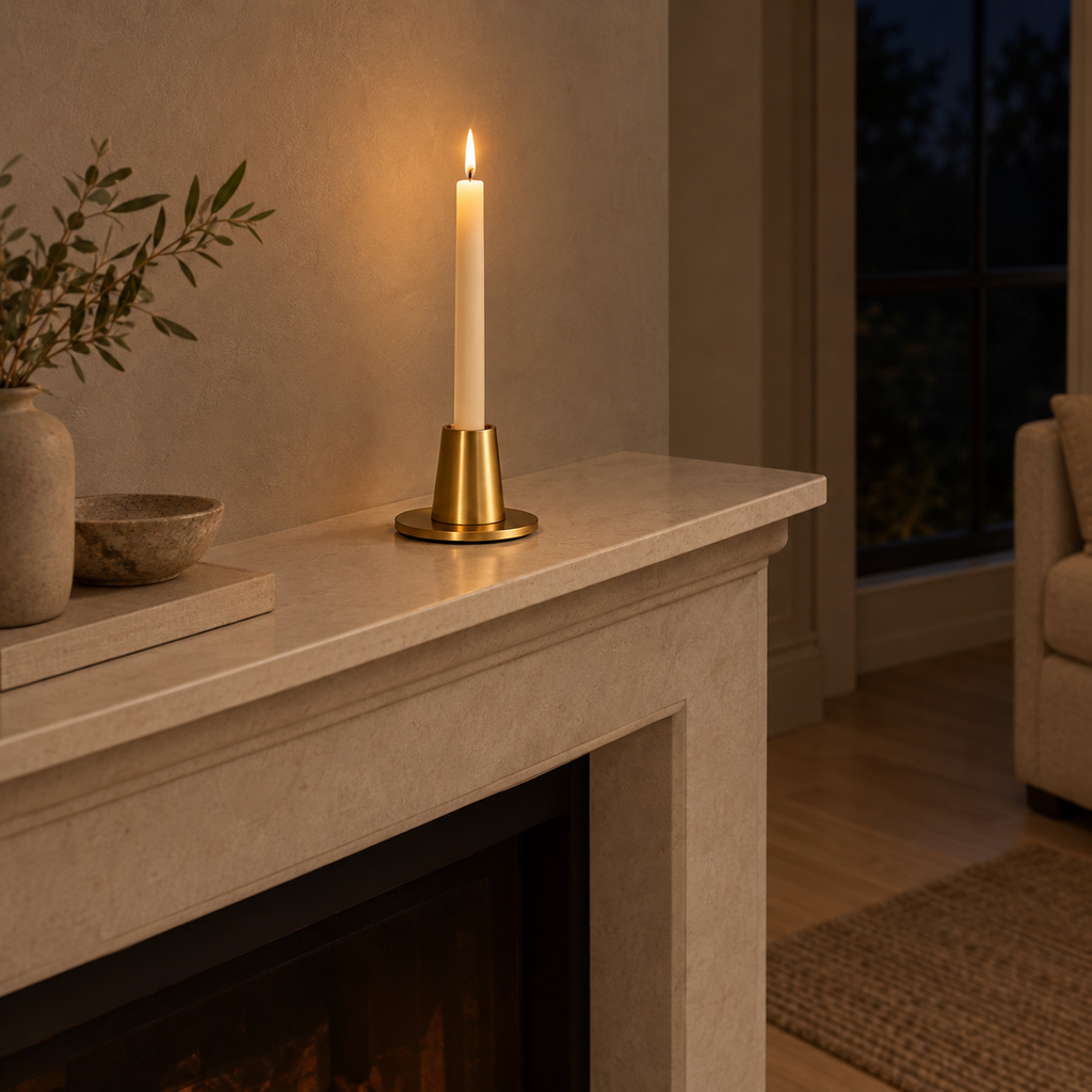 Brass taper candle holder on a 140 cm wide mantelpiece above a fireplace with one lit taper candle in the holder