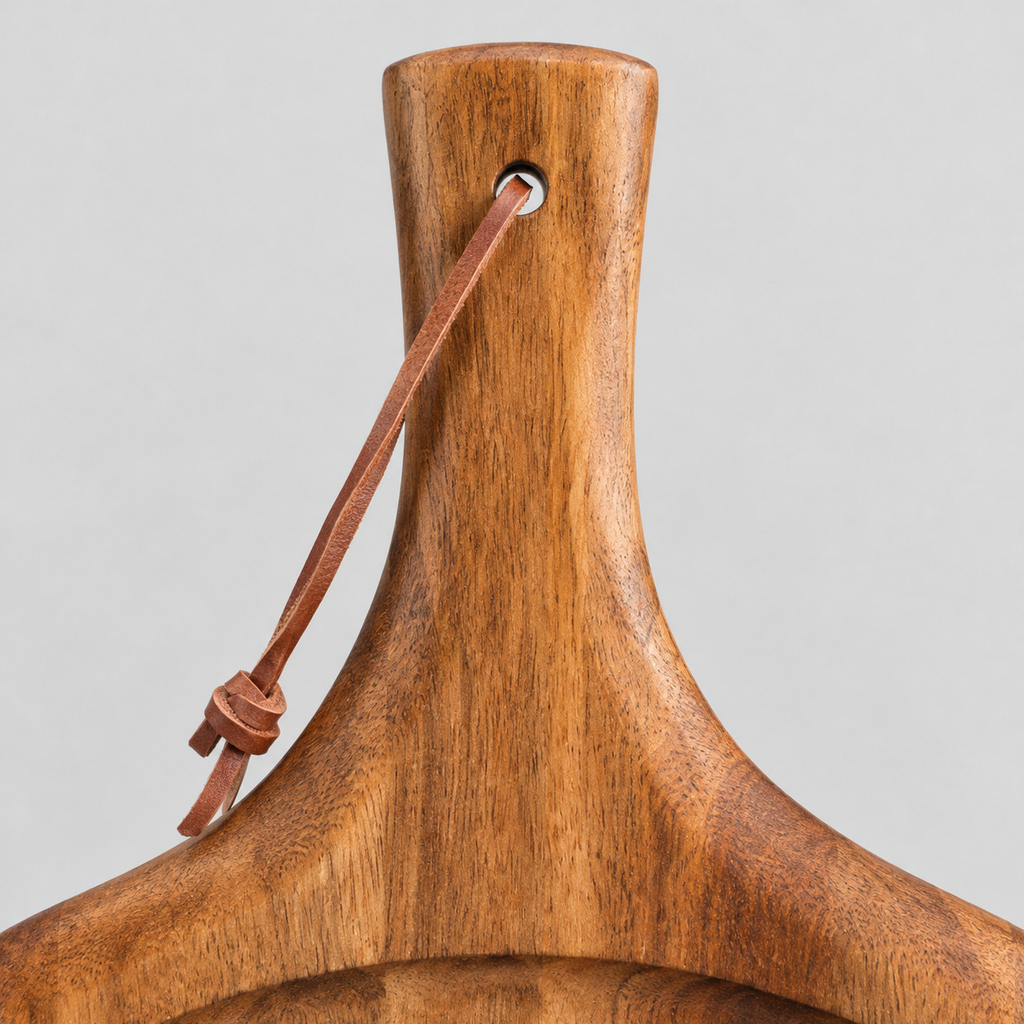 Close up of the carved wooden handle with hanging cord of the acacia wood handled serving board.