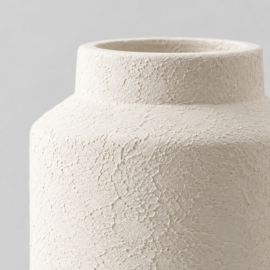 Close up of the textured matte glaze of the Textured White ceramic jar vase.