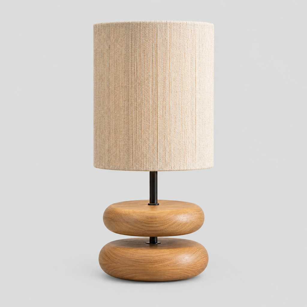 Natural Wood stacked wood table lamp on a light gray studio background