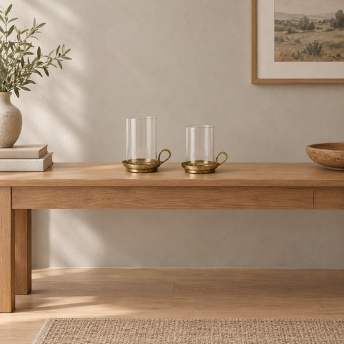 Set of two brass hurricane candle holders in Antique Brass on an oak console table in a calm room.