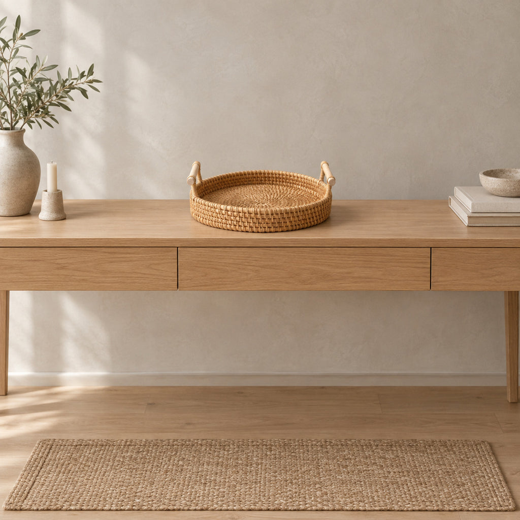 Natural rattan round woven serving tray on an oak console table in a calm room.