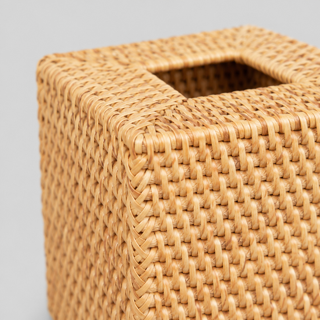 Close up of the tight weave of the rattan sides of the natural woven tissue box cover