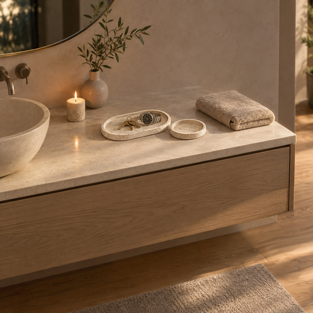 Oval travertine tray on a 90 cm wide bathroom vanity with a set of keys and a watch on the tray.