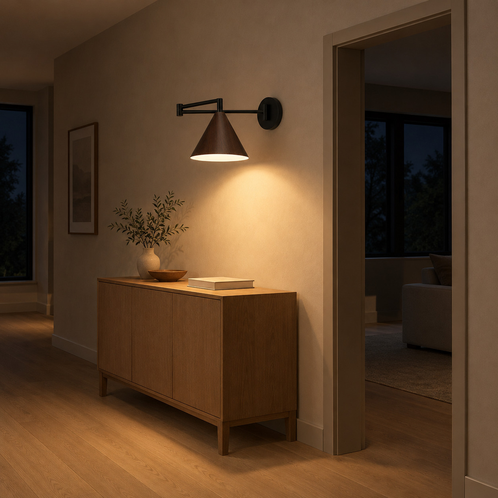 Walnut swing-arm wall sconce lit in the evening mounted on the plaster wall of a hallway beside an 80 cm wide doorway, the only light in the room.