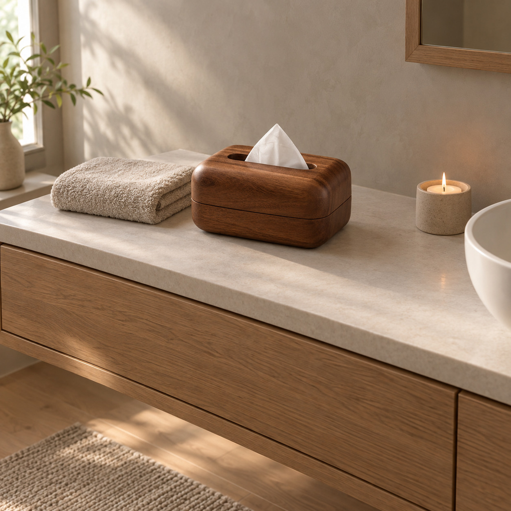 Rounded rectangular wooden tissue box cover in Walnut on a 90 cm wide bathroom vanity with a white tissue pulled through the top slot.