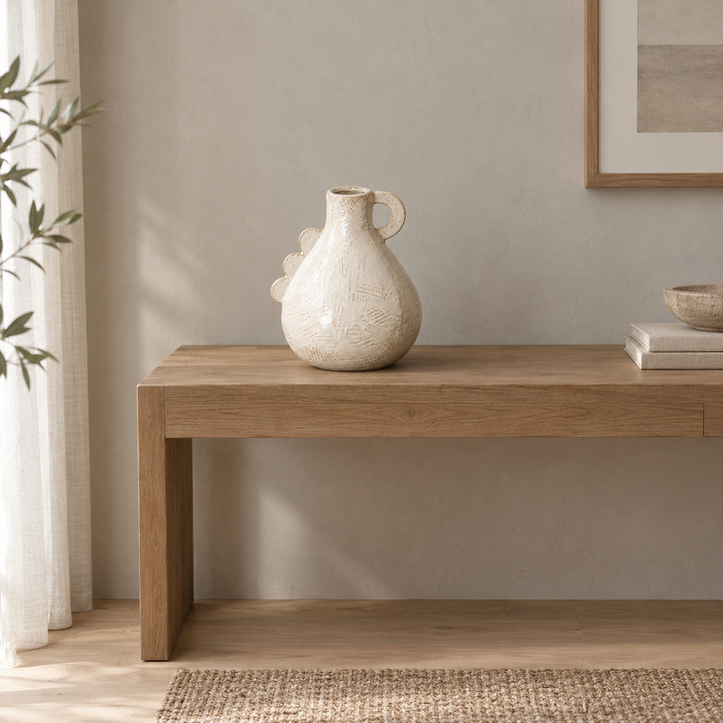 Off-white scalloped ceramic vase on a 120 cm wide oak console table in a calm room