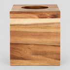 Square acacia wood tissue box cover in Natural Acacia finish on a light gray studio background