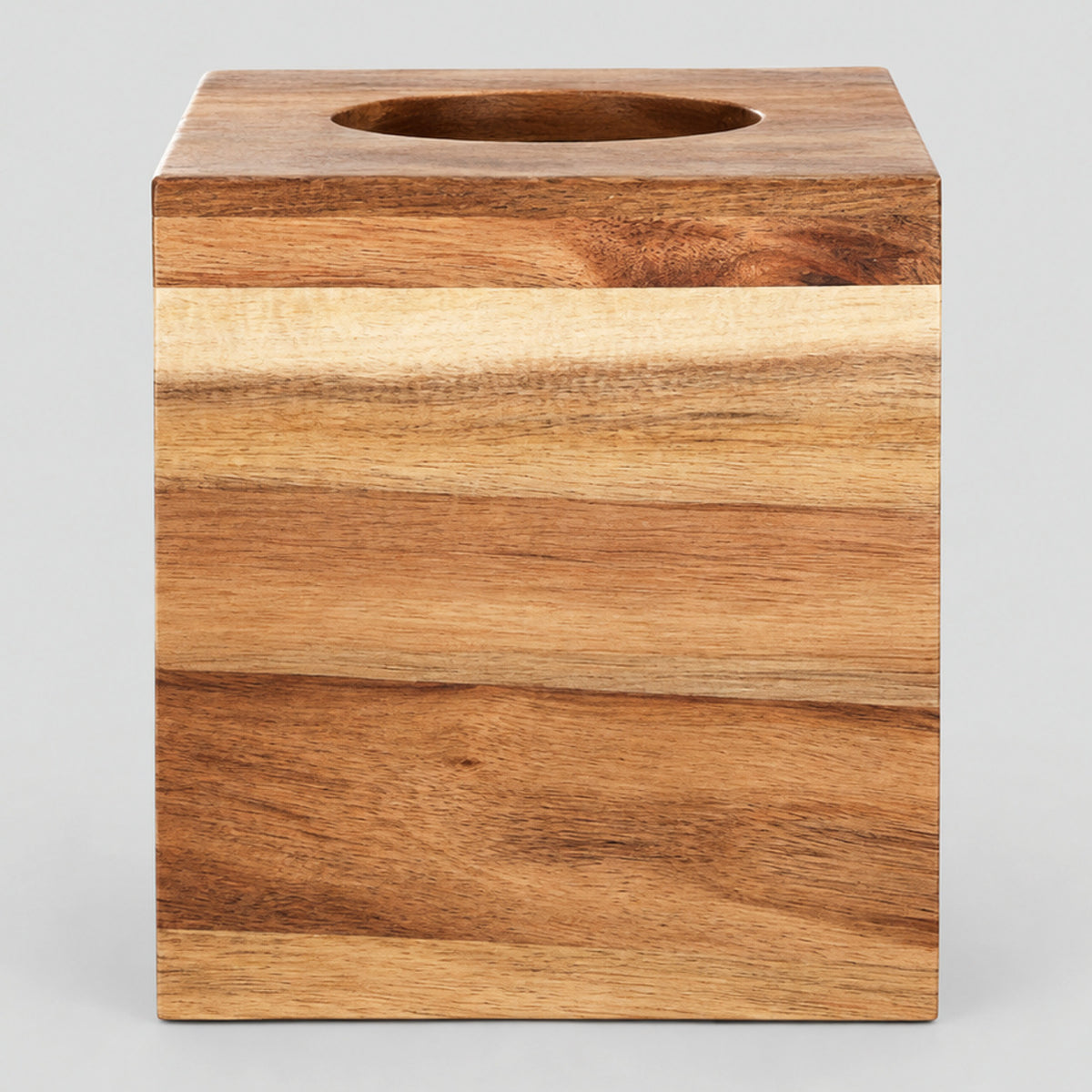 Square acacia wood tissue box cover in Natural Acacia finish on a light gray studio background